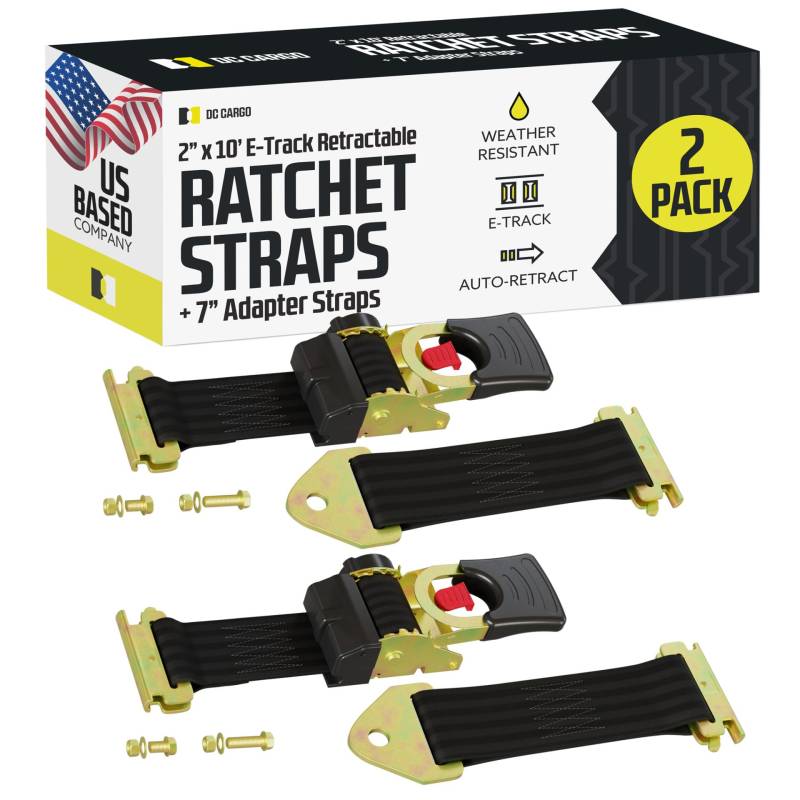 DC Cargo Mall E Track einziehbare Ratschengurte – E-Schiene und Anschraub-Montageoptionen (2 Stück), 5,1 cm x 3,4 m – 1,8 kg Bruchfestigkeit, strapazierfähig, selbsteinziehende Spanngurte von DC Cargo Mall