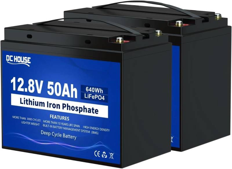 DC HOUSE 12V 50Ah*2 Lithium LiFePO4 Deep Cycle Akku, wiederaufladbarer Lithium-Eisenphosphat-Akku mit mehr als 3000 Zyklen für USV, Beleuchtung, Fischfinder und Wohnmobil, integriertes BMS von DCHOUSE