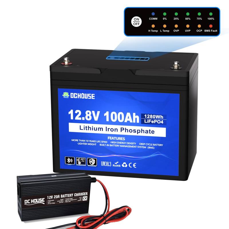 DCHOUSE 12V 100Ah LiFePO4 Lithiumbatterie mit 20A Ladegerät, 10 Jahre Lebensdauer mit bis zu 15.000 Zyklen, max. 1280Wh Energie LiFePO4 Akku, perfekt für Wohnmobile, Solar Trolling Motoren von DCHOUSE