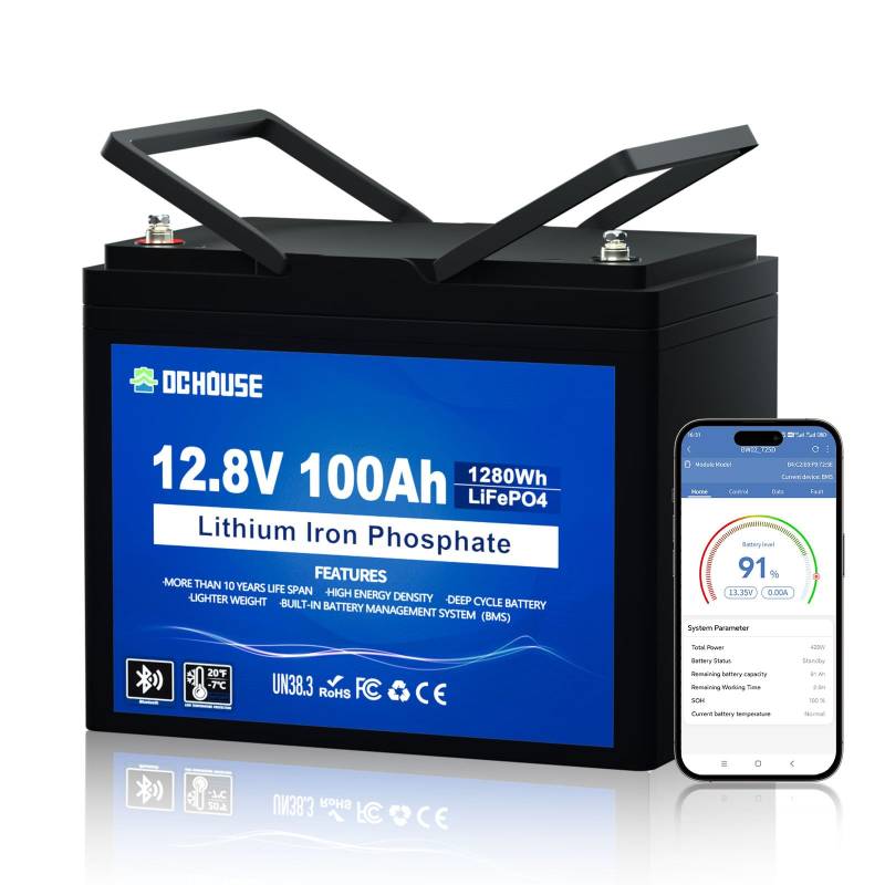 DCHOUSE 12V 100AH LiFePO4 Bluetooth Lithium Batterie,mit 100A BMS Niedertemperaturschutz,1280Wh Autobatterie für Trolling-Motor,Wohnmobil,Wohnwagen,Solaranlage von DCHOUSE