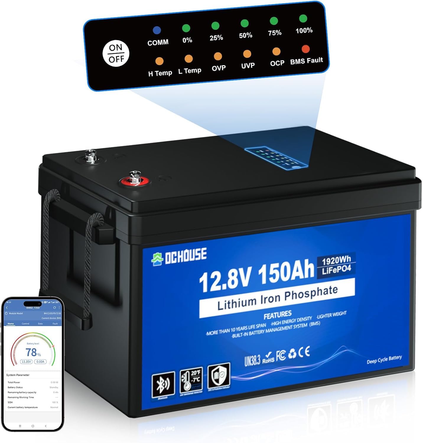 DCHOUSE 12V 150Ah LiFePO4 Lithium Batterie ，Bluetooth Tieftemperaturschutz Akku Deep Cycle autobatterie, perfekt für Wohnmobile,Solaranlagen,Wohnwagen,Heim-Energiespeichersysteme Niedrige Temperatur a von DCHOUSE