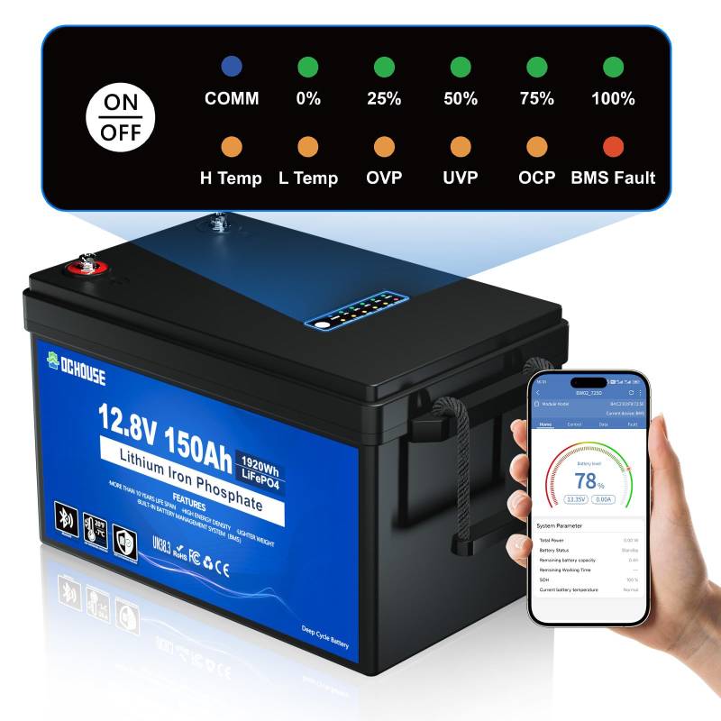 DCHOUSE 12V 150Ah LiFePO4 Bluetooth Lithium Batterie mit SOC-Leuchte&BMS-Anzeige,Tieftemperaturschutz,4000+ Zyklen Deep CycleLithiumbatterie, für Wohnmobile,Solaranlagen,Wohnwagen, Trolling-Motoren von DCHOUSE