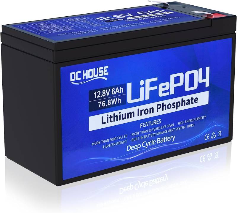 DCHOUSE 12V 6Ah LiFePO4 wiederaufladbarer Lithium-Akku mit 3000+ tiefen Zyklen und BMS Schutz für Solarsystem, Fischfinder, Kinderwagen, Boot, Solarpanel Kit, Wohnmobil, Camping von DCHOUSE