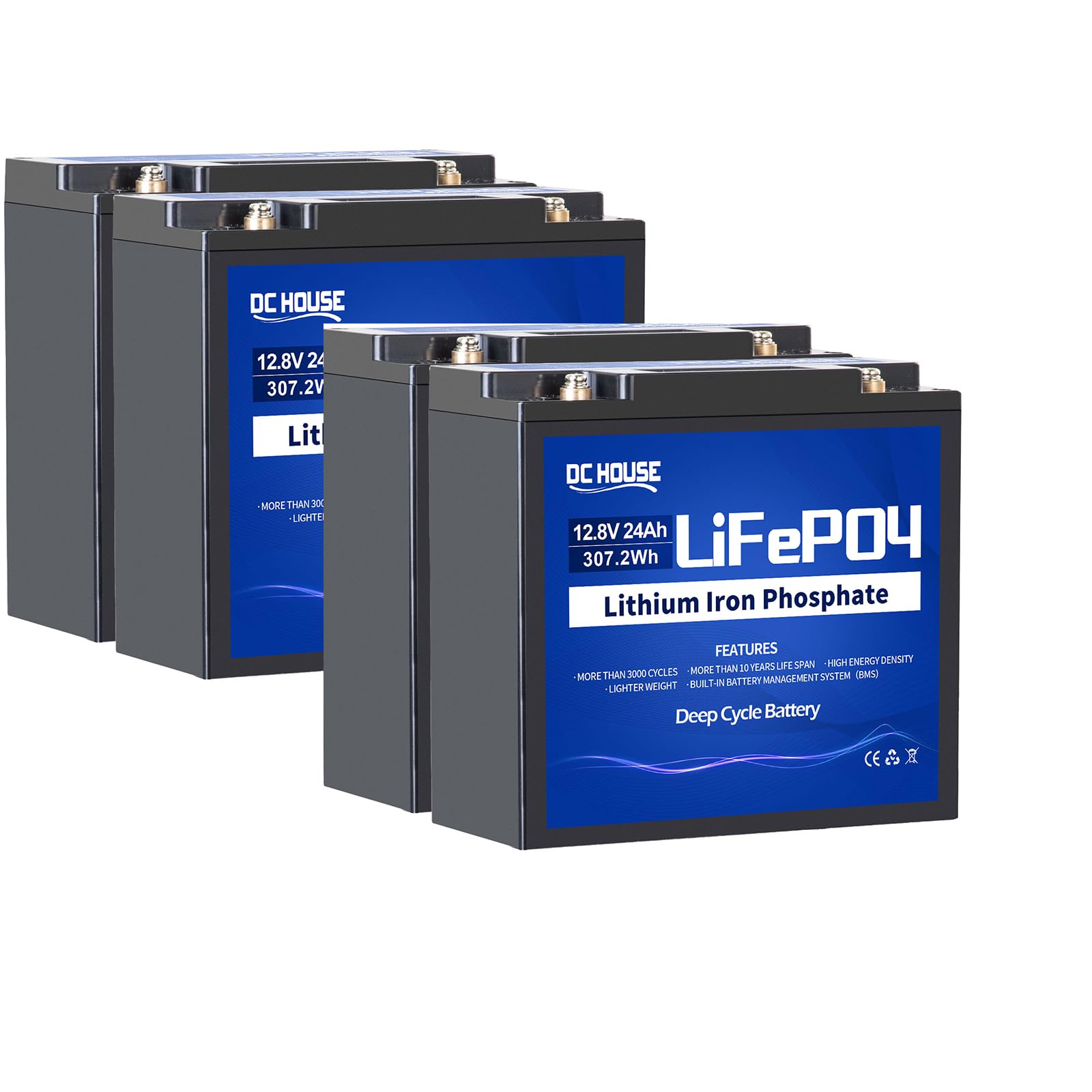DCHOUSE 4-Pack 12V 24Ah LiFePO4 wiederaufladbare Lithium-Batterien mit BMS-Schutz und über 3000 Deep Cycles für Haus, Solar, Signal, Marine, Caravan und Golf Trolley von DCHOUSE