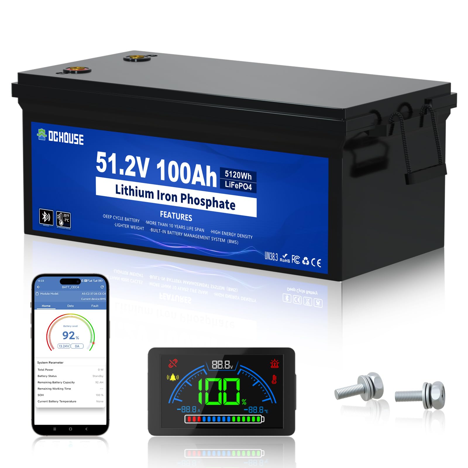 DCHOUSE 48V 100Ah Golfwagen Batterie, integriertes 200A BMS, LCD Monitor & Mobile APP Bluetooth, Spitzenstrom 600A, bis zu 15000 Deep Cycles Lithium Batterie für Solaranlagen, Wohnmobile,RV DCHOUSE 48V 100Ah Golfwagen Batterie, integriertes 200A BMS, LCD Monitor & Mobile APP Bluetooth, Spitzenstrom 600A, bis zu 15000 Deep Cycles Lithium Batterie für Solaranlagen, Wohnmobile,RV von DCHOUSE