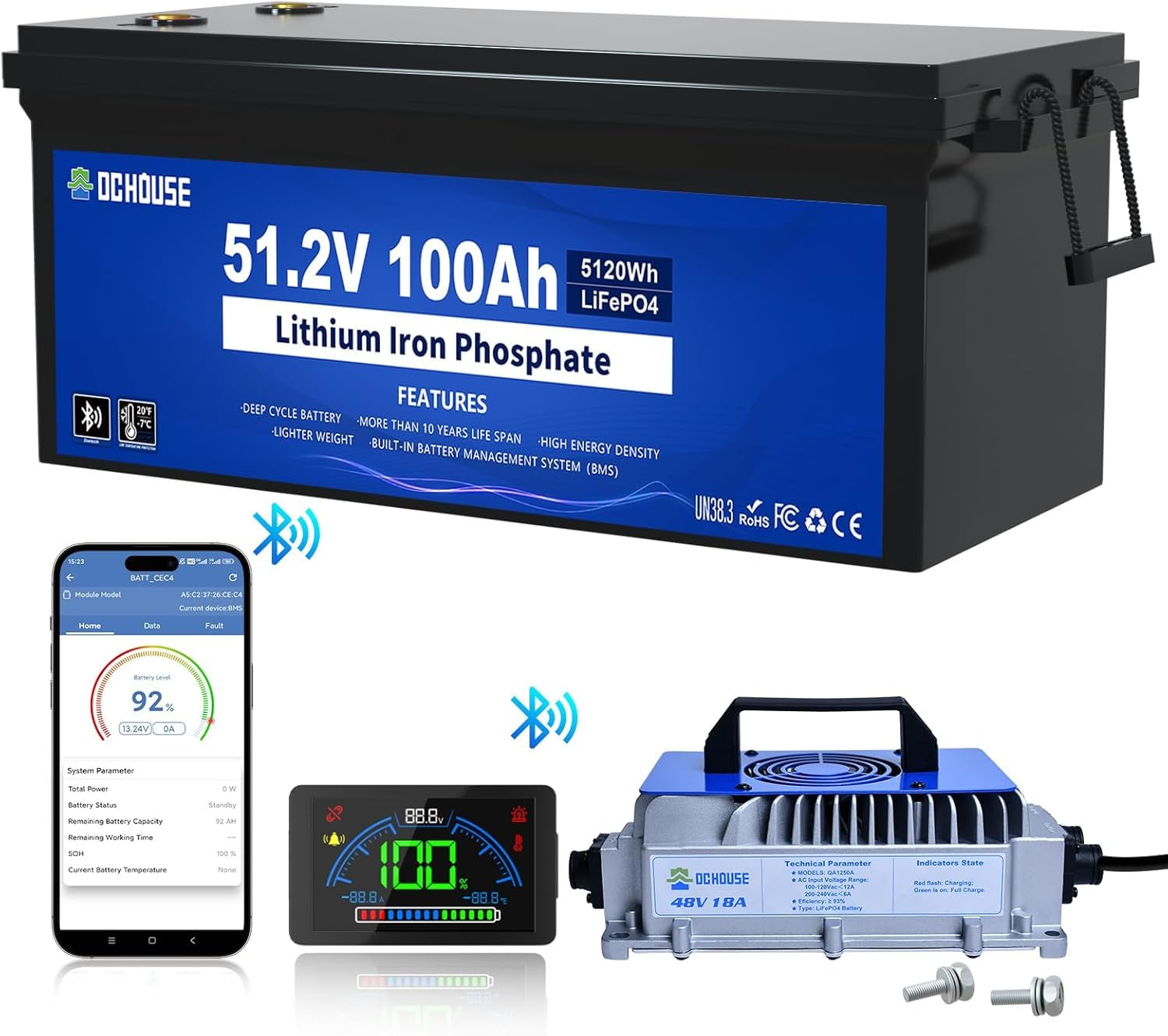 DCHOUSE 48V 100Ah Lifepo4 Golfwagen Lithium Batterie, mit 48V 18A Lithium Batterie Ladegerät, integriertes Smart 200A BMS, LCD-Monitor & Mobile APP, Spitzenstrom 600A DCHOUSE 48V 100Ah Lifepo4 Golfwagen Lithium Batterie, mit 48V 18A Lithium Batterie Ladegerät, integriertes Smart 200A BMS, LCD-Monitor & Mobile APP, Spitzenstrom 600A von DCHOUSE
