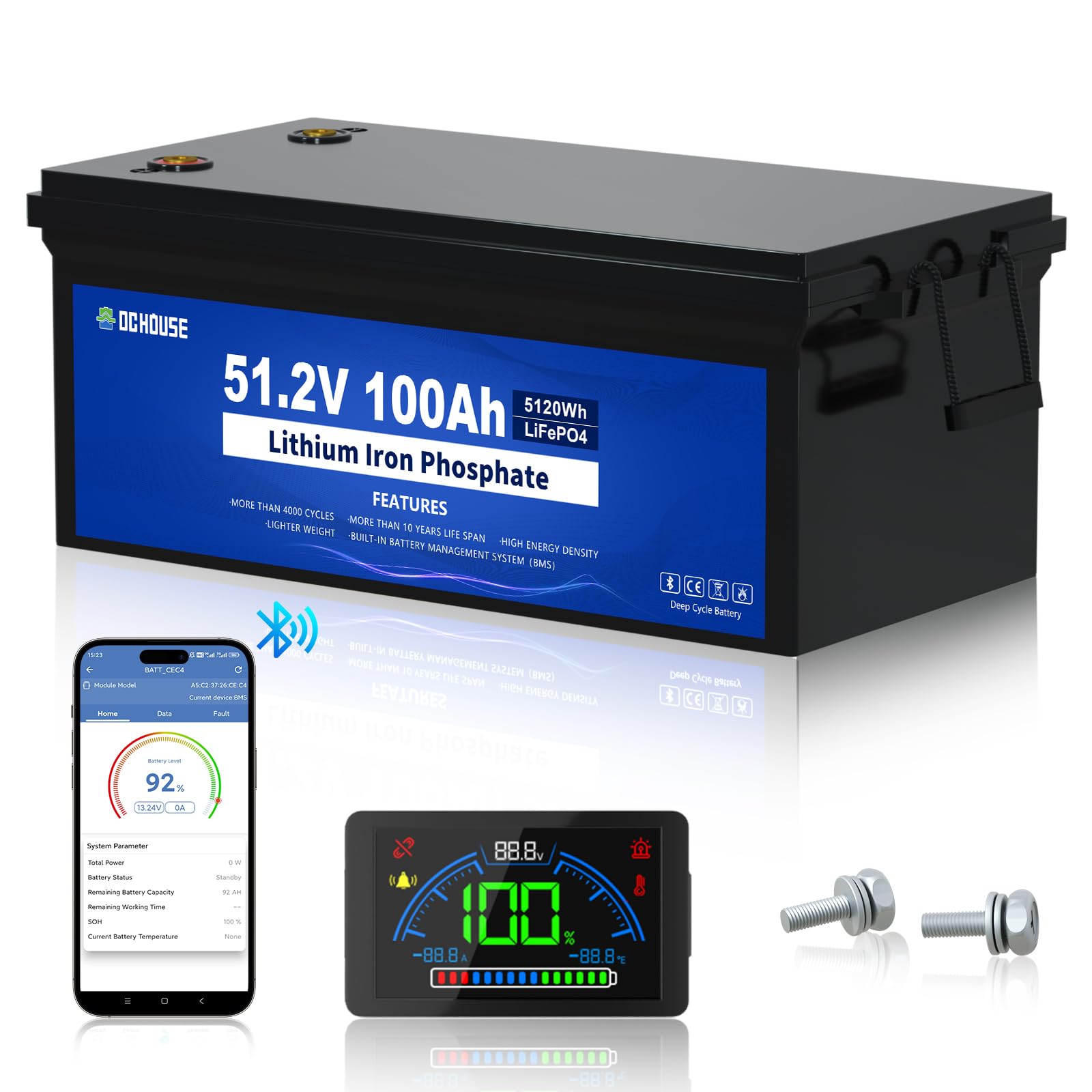 DCHOUSE Bluetooth 48V 100Ah LiFePO4 Batterie, integriertes 200A BMS, Mit LCD Monitor, Spitzenstrom 600A, bis zu 4000+ Deep Cycles Lithium Batterie für Golfwagen,Solaranlagen, Wohnmobile DCHOUSE Bluetooth 48V 100Ah LiFePO4 Batterie, integriertes 200A BMS, Mit LCD Monitor, Spitzenstrom 600A, bis zu 4000+ Deep Cycles Lithium Batterie für Golfwagen,Solaranlagen, Wohnmobile von DCHOUSE