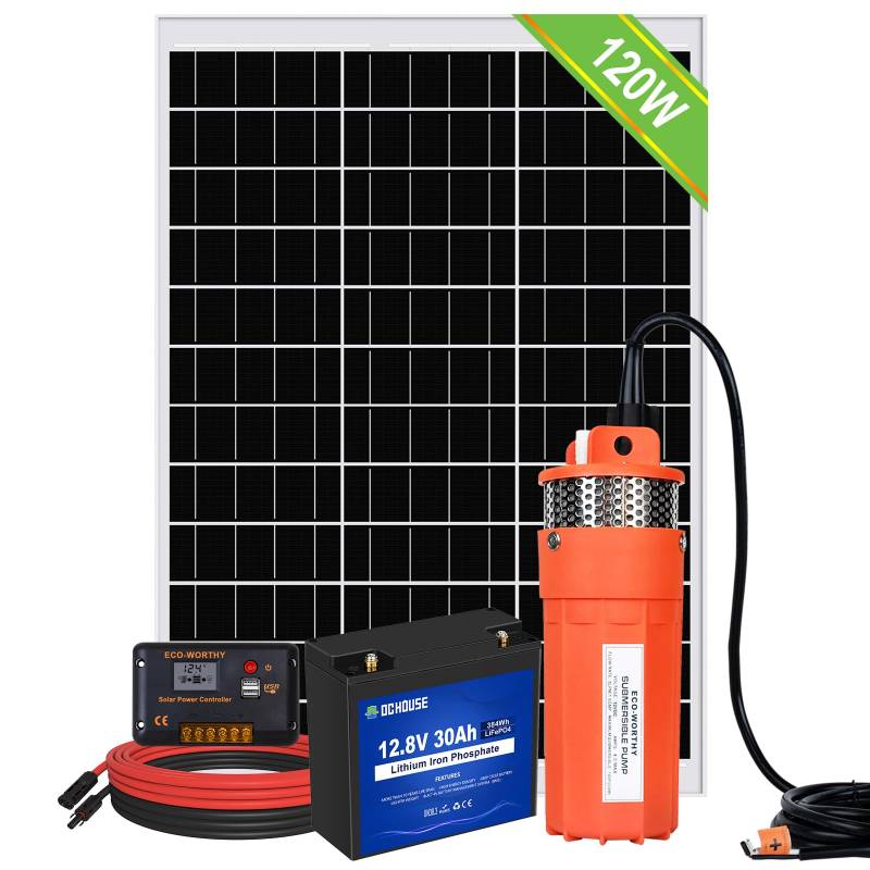 DCHOUSE Solar-Brunnenpumpen-Set mit Batterie-Backup, 12 V Solar-Wasserpumpe + 120 W Solarpanel-Set + 30 Ah Batterie + 20 A Controller für Brunnen, Bewässerung, Wassertank füllen von DCHOUSE