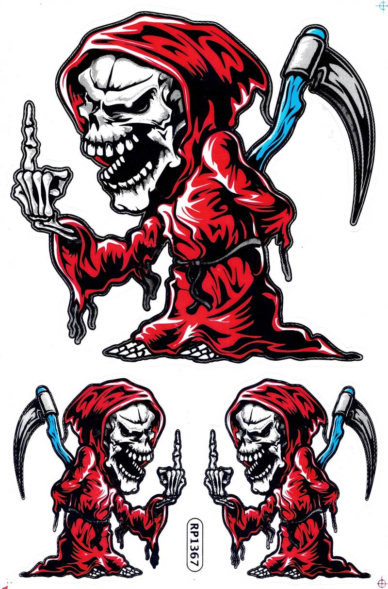 DD Rot Totenkopf Skull Bones Knochen Sensemann Sense Tod Sticker Aufkleber Folie 1 Blatt 270 mm x 180 mm wetterfest von ZOUXO