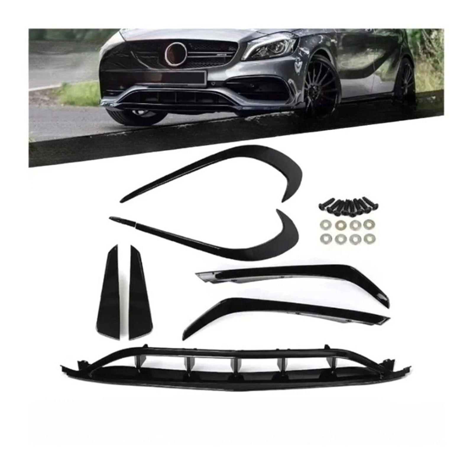 DDGHAE Auto-Vorderseitenstoßstange, kompatibel for Benz A-Klasse W176 A180 A200 A220 A250 AMG A45 2016–2018, Splitter, Luftsplitter, Spoiler, Lippendiffusor(7Pcs Set Carbon Look) von DDGHAE