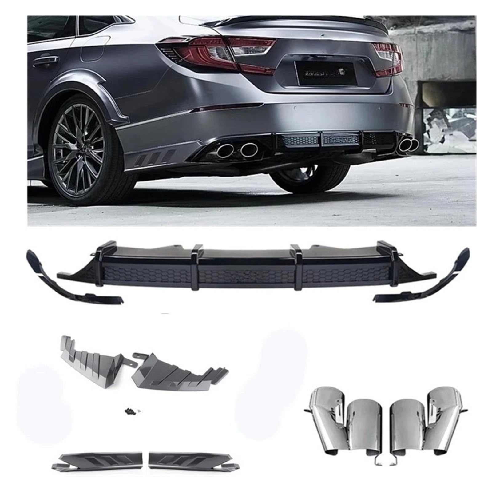 DDGHAE Heckstoßstangen-Bodykit kompatibel for Accord 10. 2018–2021, Diffusorlippe + Auspuffrohrspitzen, Seitenspoiler, Ecksplitter(Silver) von DDGHAE