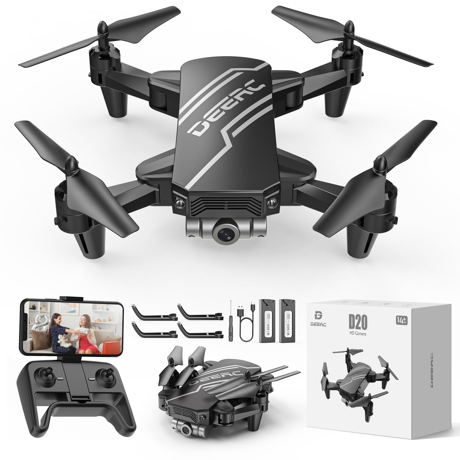 DEERC D20 Drohne für Kinder mit Kamera HD,Faltbar RC Quadcopter mit FPV Live Übertragung,lange Flugzeit,Gestensteuerung,Flugbahn,Höhenhaltung,One Key Start/Landen,Headless Modus,3D Flips für Anfänger von DEERC