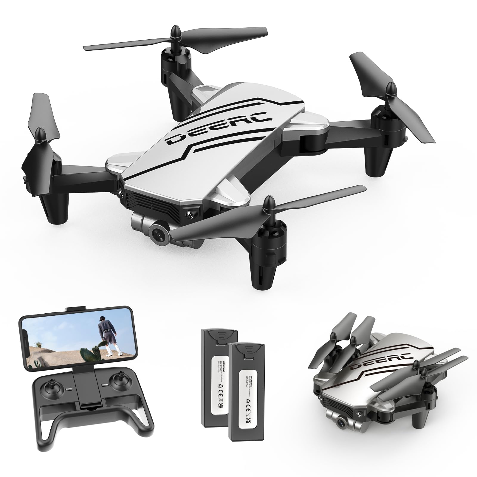 DEERC D20 Mini Drohne für Kinder mit 720P HD FPV Kamera, Faltbarer RC Quarcopter für Jungen Mädchen mit Höhenhaltung, Headless Modus, One Key Start, Tap Fly, 3D Flips, 2 modulare Batterien von DEERC