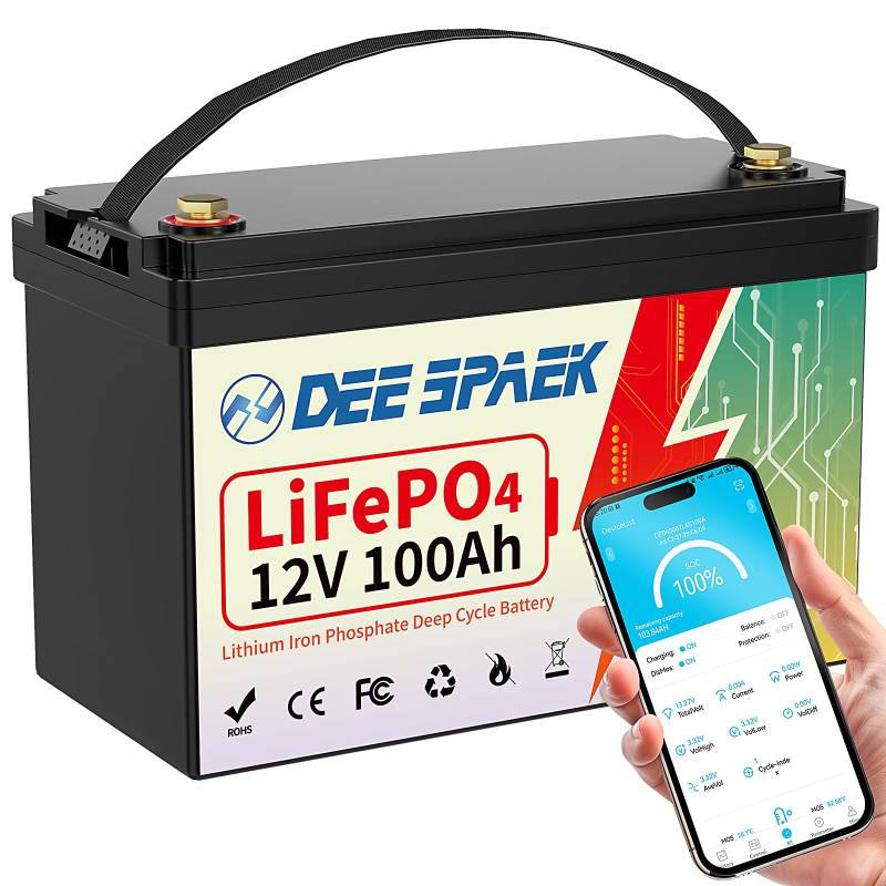 DEESPAEK 12V 100Ah LiFePO4 Batterie mit Bluetooth, Upgraded 100A BMS mit Grade A Zellen, 4000-15000 Deep Cycle 12V Lithium Batterie, Max 1280Wh für Solar, RV, Trolling Motor, Marine, Boot, Off Grid von DEESPAEK