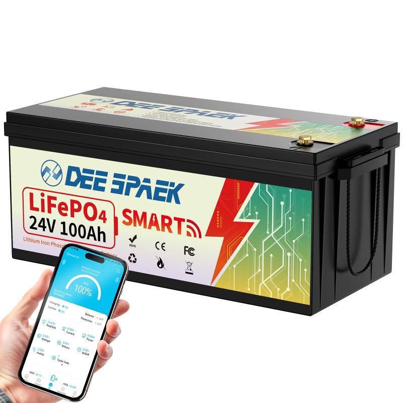 DEESPAEK 24V 100Ah LiFePO4 Lithium Batterie mit Bluetooth, Smart 100A BMS, 15000 Deep Cycles Lithium Batterien 24V Grade A Zelle, perfekt für Marine Trolling Motor, RV, Solar, Off-Grid von DEESPAEK