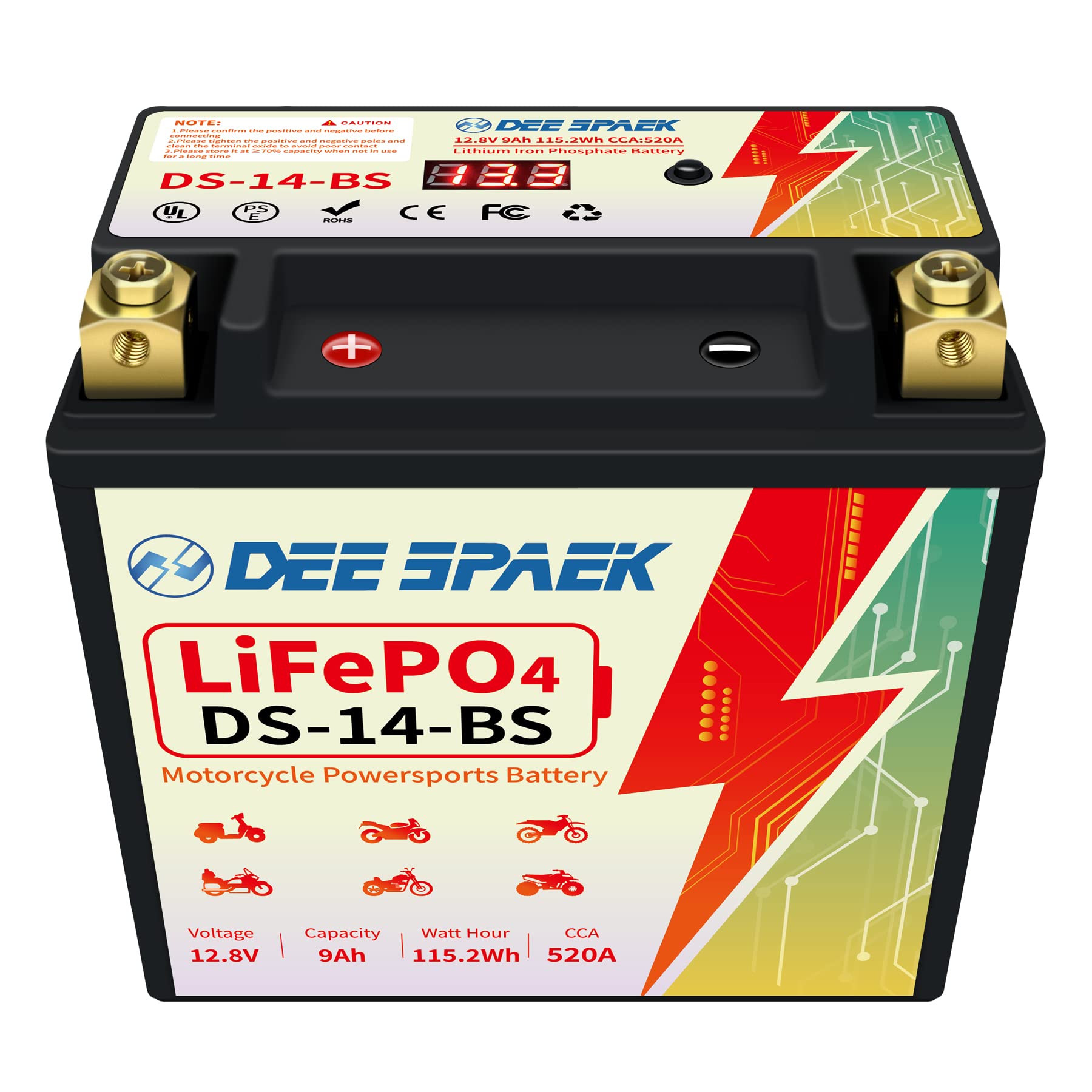 Motorradbatterie YTX14-BS, 9Ah, 520CCA, LiFePO4 Motorrad-Starter-Batterie, Erstausrüsterqualität, zyklenfest, lagerfähig, wartungsfrei von DEESPAEK