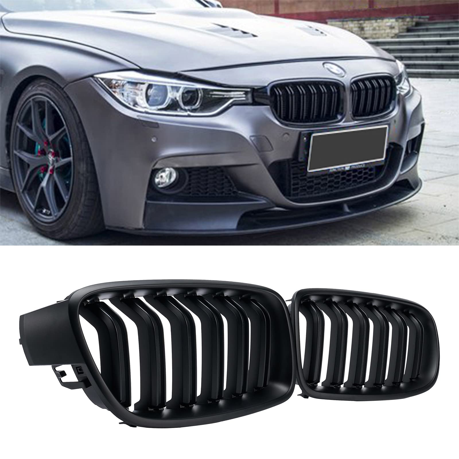 DEKEWEI ABS F30 Kühlergrill, Nierengitter für 2012–2018 BMW 3er-Serie F30 F31 (Doppel-Lamellen, matt-schwarze Grills, 2 Stück) von DEKEWEI