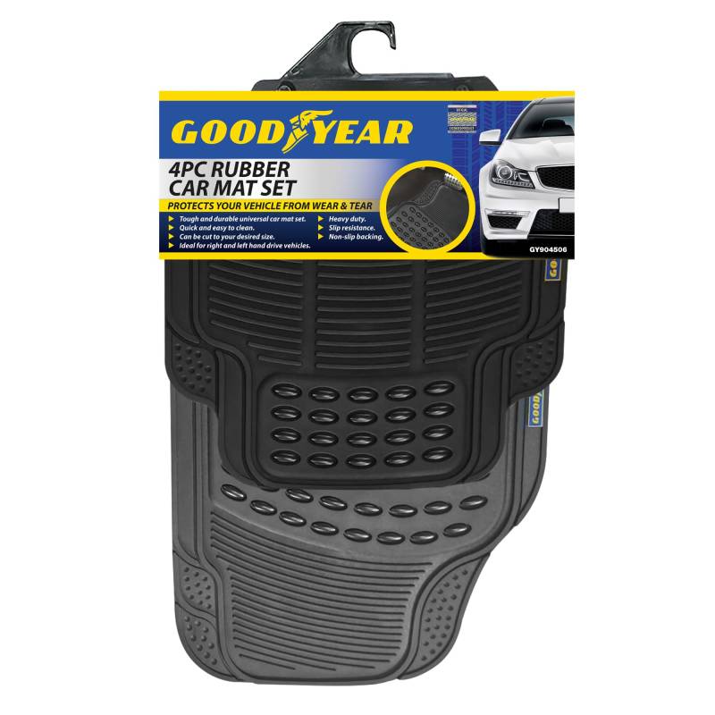 Goodyear 4-teiliges Gummi-Fußmatten-Set, robuste Allwetter-Fußmatten, rutschfeste Unterseite, universell passend für Autos, SUVs, LKWs, leicht zu reinigen und langlebig, schützt Teppiche vor Schmutz von DEKTON