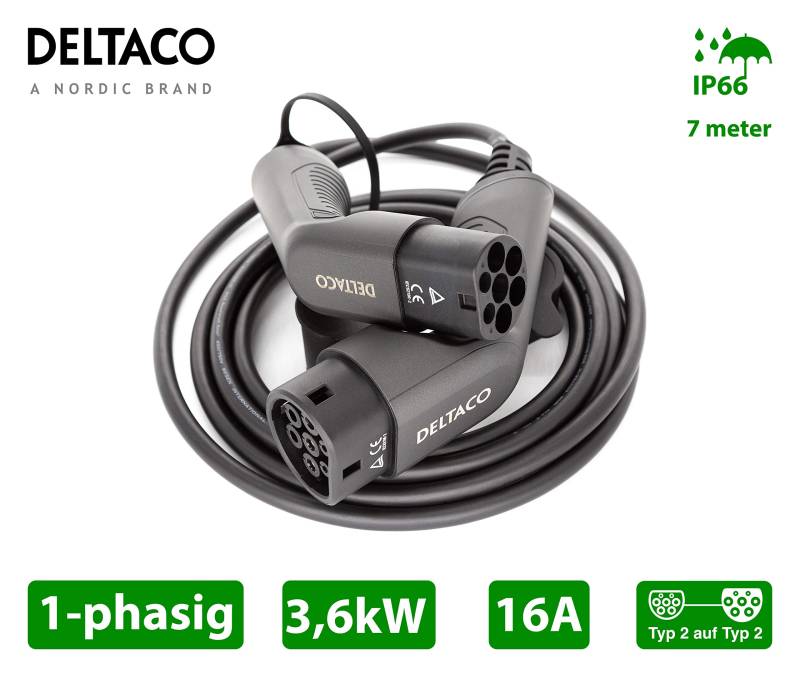 DELTACO Typ 2 EV-Ladekabel für E-Autos und Hybrid Fahrzeuge, Elektroauto Charger Mennekes Kabel, Kompatibel mit ID.3, ID.4, Zoe, E-Tron, Model S/3/X/Y, Leaf, 1-phasig, 16A | 3.6kW, 7 Meter von DELTACO