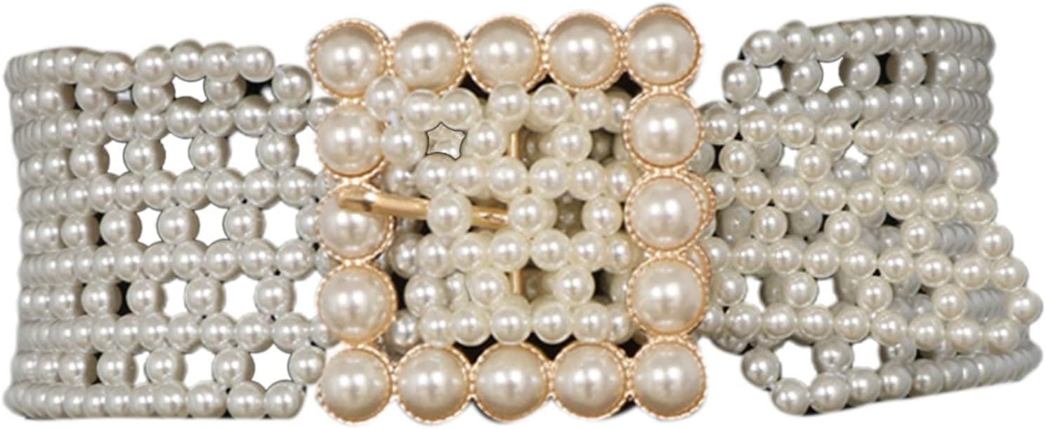 DELURA Elastischer breiter Perlengürtel Vintage Dehnbarer Taillengürtel Retro for Gürtel Vintage Bund Damen Perlengürtel Rhin/1122 (Color : E) von DELURA