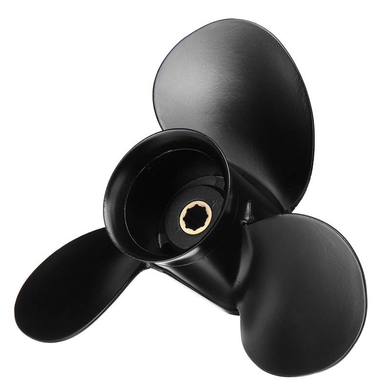DEMULAX 48-828158A12 9x10 1/2 Marineboot-Außenbordpropeller 6-15 PS Aluminiumlegierung Standardrotation Schwarz 8 Spline-Zähne Wasserfahrzeugpropeller von DEMULAX