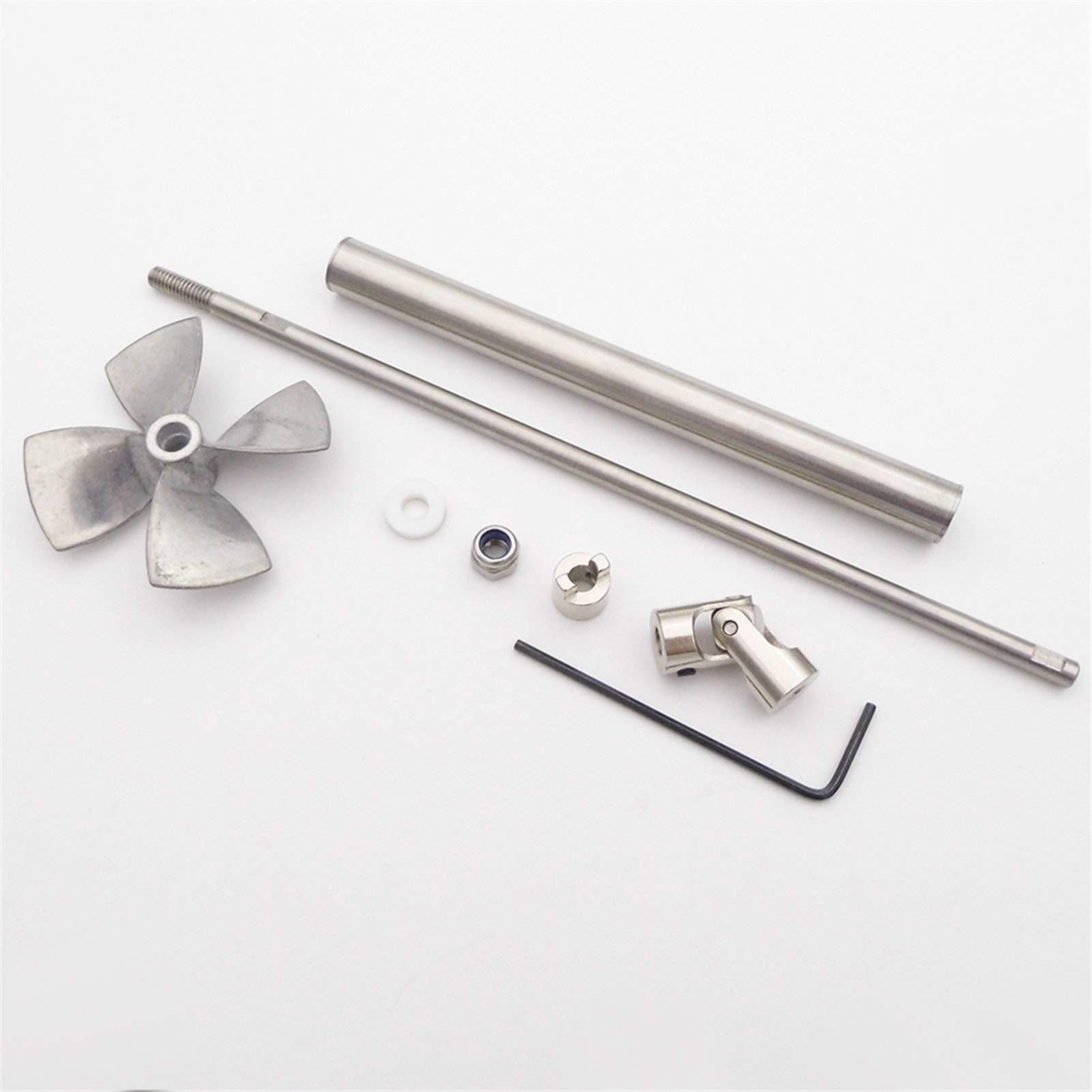 DEMULAX Boot 4mm Antriebswelle Wellenhülse 4-Blatt Metall Propeller Gelenk Kupplung Kit RC Boot Marine Angeln Köder Schlepper ROV Wasserfahrzeugpropeller(L15cm Coupler 3.0mm) von DEMULAX