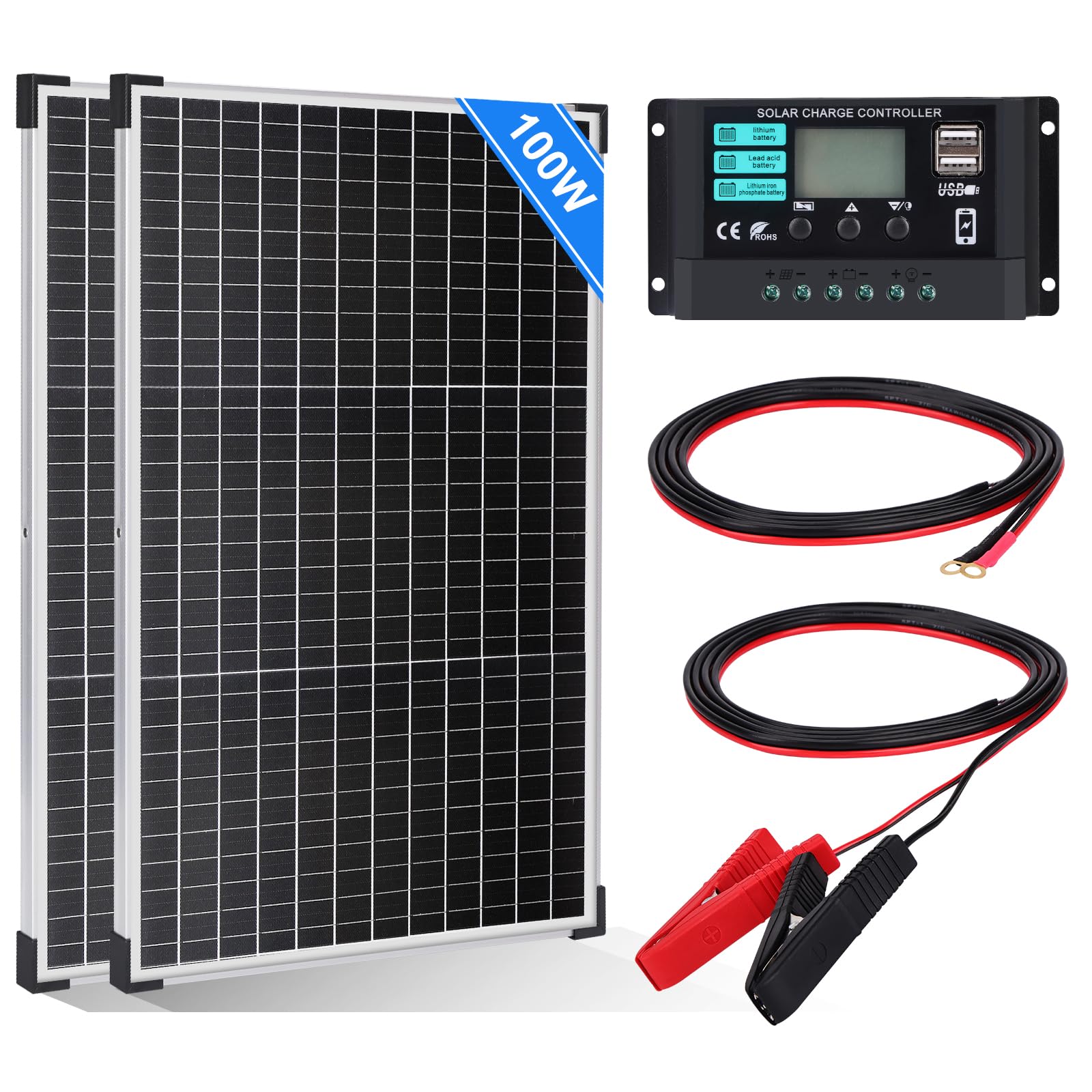 【100W Solarpanel 12V Kit】DERUXI 100W Solar Panel 12V Solarmodul Set: 2 Pcs 50W Monokristalline Solarmodule+10A Solarladeregler+4 Pcs Verlängerungskabel,PV Modul Solarpanel für Wohnmobil Wohnwagen Boot 【100W Solarpanel 12V Kit】DERUXI 100W Solar Panel 12V Solarmodul Set: 2 Pcs 50W Monokristalline Solarmodule+10A Solarladeregler+4 Pcs Verlängerungskabel,PV Modul Solarpanel für Wohnmobil Wohnwagen Boot von DERUXI
