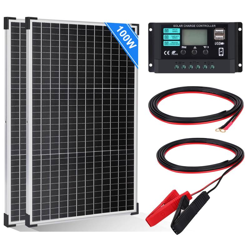 【100W Solarpanel 12V Kit】DERUXI 100W Solar Panel 12V Solarmodul Set: 2 Pcs 50W Monokristalline Solarmodule+10A Solarladeregler+4 Pcs Verlängerungskabel,PV Modul Solarpanel für Wohnmobil Wohnwagen Boot von DERUXI