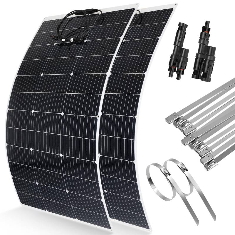 【240W 12V Flexibel Solarpanel Solarmodul】DERUXI 2x120W Flexibles Monokristallines Solar Panel 12V+Y Solarstecker+Kabelbinder aus Metall Solarzelle PV Solarpanel 12V für Wohnmobile Camping RV Boote von DERUXI