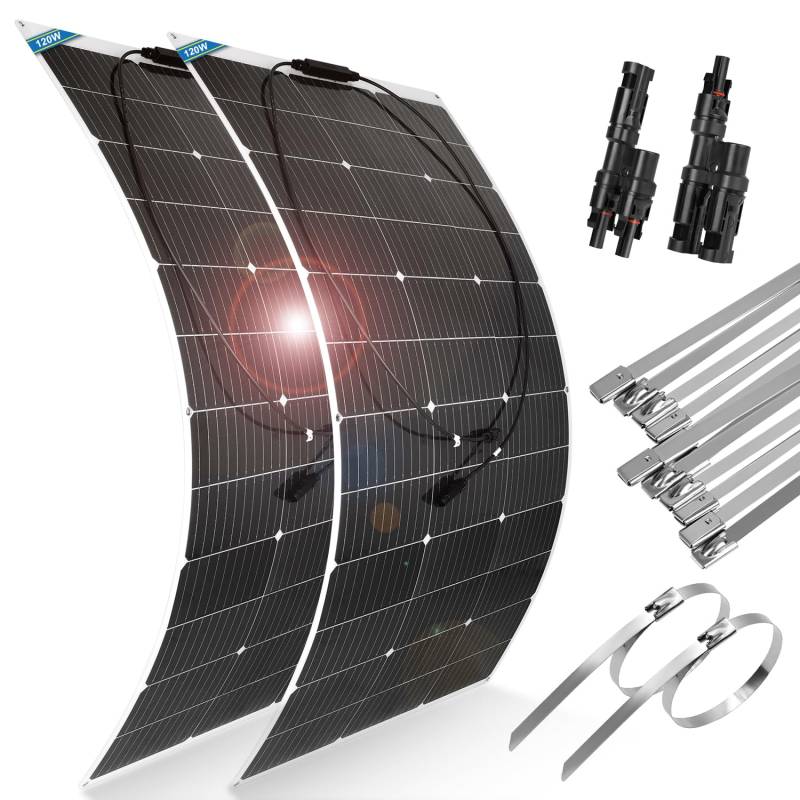【240W Flexibel Solarpanel 12V】DERUXI 240W Monokristallines Solar Panel 12V, 2x120W Flexibles Solarmodul+Y Solarstecker+Kabelbinder aus Metall, Solarzelle PV Solarpanel für Wohnmobile Camping RV Boote von DERUXI