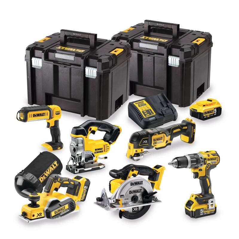 DeWalt 18-V-Akku-Elektrowerkzeug-Kit, ideal für die Holzbearbeitung, DCK665P3T-GB. Mit DCD796 — bürstenloser 2-Gang-Kombibohrer, bürstenloser DCP580 Hobel, bürstenloses Multifunktionswerkzeug DCS355 + Zubehör DCS391-Kreissäge, DCS331 Stichsäge, kabelloses DCL050-Licht und DCB184 XR 5,0 Ah Li-Ion-Akkus x 3 + Multi-Voltage-Ladegerät von Dewalt