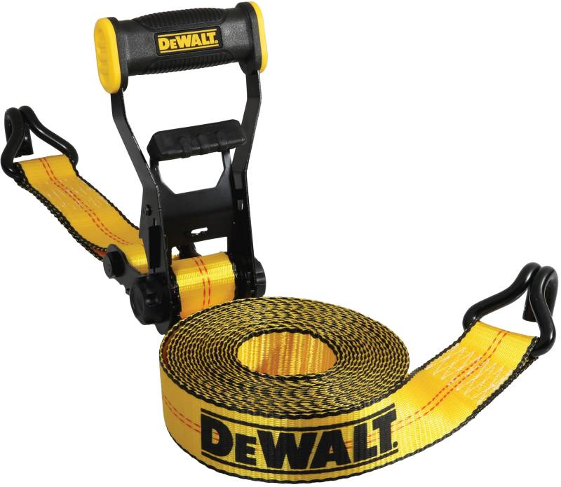 DEWALT DXBC10000J Ratschen-Spanngurt mit doppeltem J-Haken, robuste Ladungssicherung (4,5 kg Bruchfestigkeit), Schwarz/Gelb, 5,1 x 78,9 cm von DEWALT