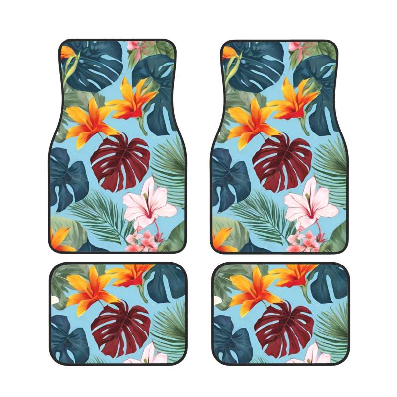 Hojas Tropicales Y Flores Universal Auto Fußmatten Set mit 4 Stück, rutschfest, wasserdicht, Neopren, Automatte (vorne + hinten), Autofußmatten für Auto, SUV, LKW, Van von DFEPFKGOKL