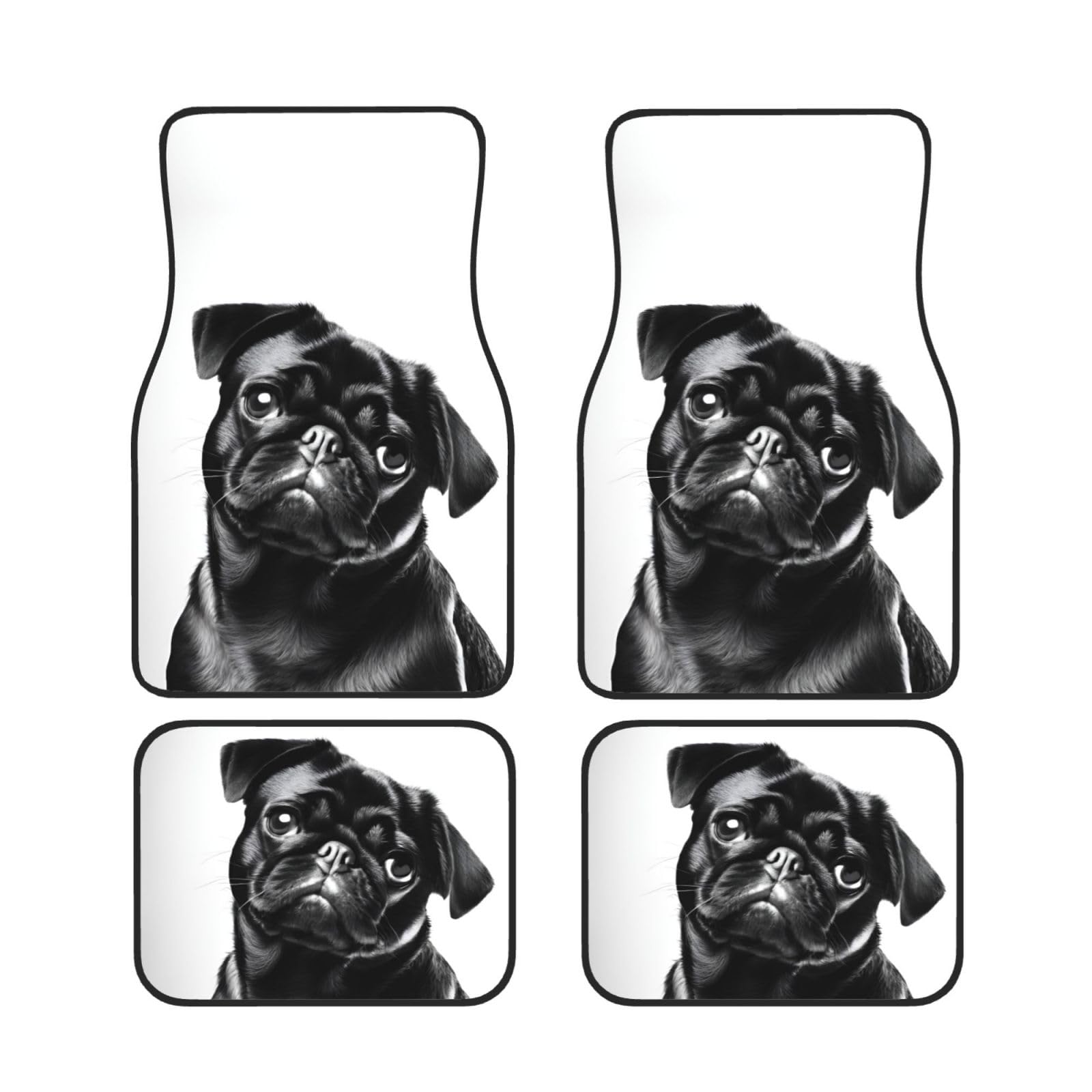 Universal Auto Fußmatten Set mit 4 niedlichen schwarzen Mops Hund – rutschfeste wasserdichte Neopren-Automatte (vorne + hinten) Auto-Fußmatten für Auto, SUV, LKW, Van von DFEPFKGOKL