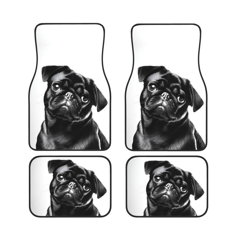 Universal Auto Fußmatten Set mit 4 niedlichen schwarzen Mops Hund – rutschfeste wasserdichte Neopren-Automatte (vorne + hinten) Auto-Fußmatten für Auto, SUV, LKW, Van von DFEPFKGOKL