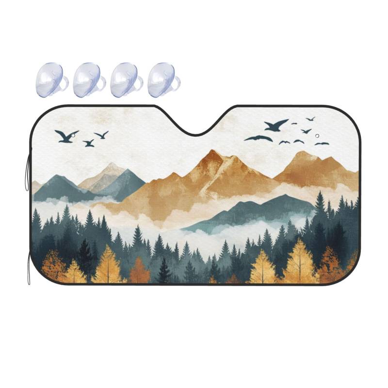 Abstrakte Landschaft, Berg, Aquarellmalerei, Auto-Windschutzscheibe, Wärmedämmung, Sonnenschutz, leicht, einfach zu bedienen, Auto-Sonnenblende für SUV, Limousine und Personenfahrzeuge (M, 140 x 76 cm von DFJMASFKOL