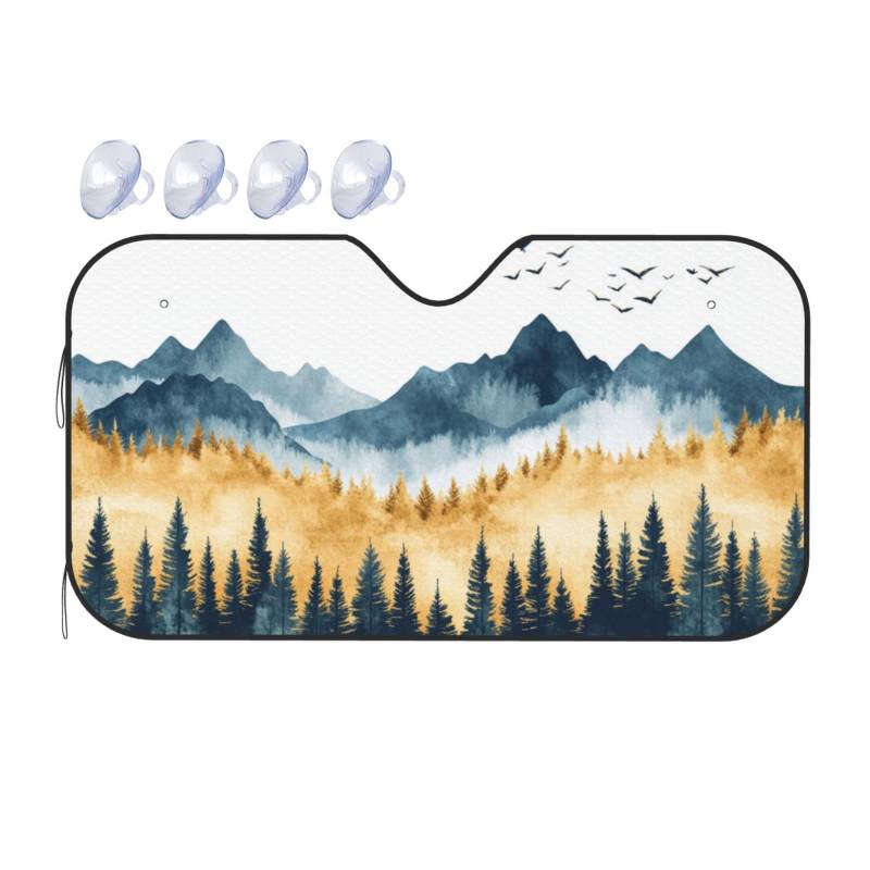 Berg-Aquarellgemälde, abstrakte Landschaft, Auto-Windschutzscheibe, Wärmedämmung, Sonnenschutz, leicht, einfach zu bedienen, Auto-Sonnenblende für SUV, Limousine und PKWs, M, 140 x 76 cm von DFJMASFKOL