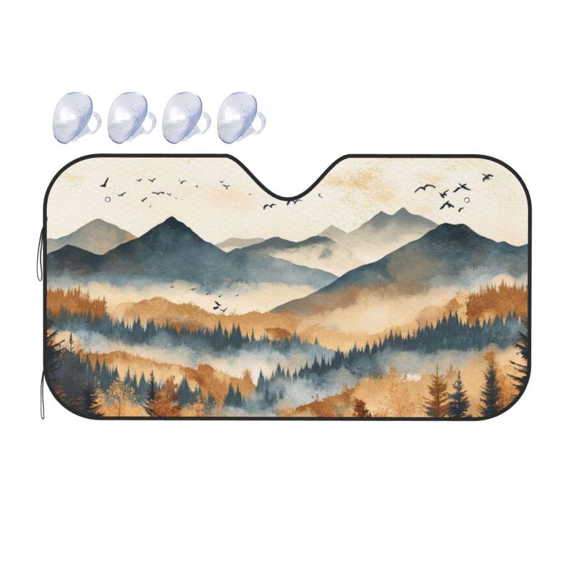 Berg-Aquarellgemälde, abstrakte Landschaft, Auto-Windschutzscheibe, Wärmedämmung, Sonnenschutz, leicht, einfach zu bedienen, Auto-Sonnenblende für SUV, Limousine und PKWs, M, 140 x 76 cm von DFJMASFKOL