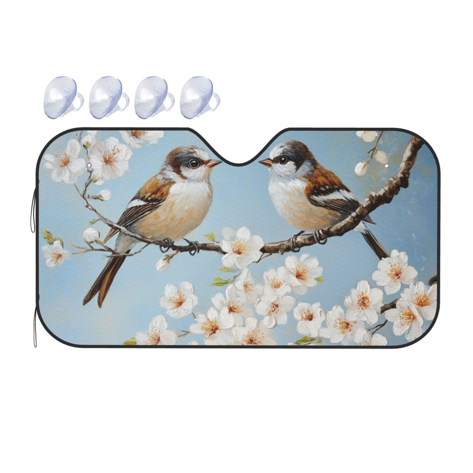 Blauer Vogel und Blume, weiße florale Auto-Windschutzscheibe, Wärmedämmung, Sonnenschutz, leicht, einfach zu bedienen, Auto-Sonnenblende für SUV, Limousine und Personenfahrzeuge (M, 140 x 76 cm) von DFJMASFKOL