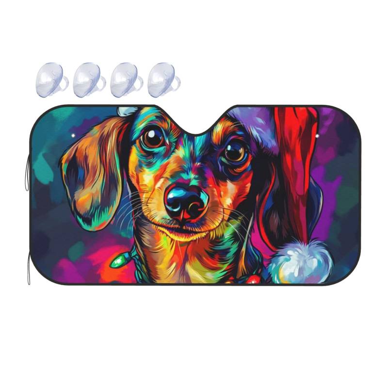 Dackel-Hunde-Weihnachtsmannmütze, Dackel, Auto-Windschutzscheibe, Wärmedämmung, Sonnenschutz, leicht, einfach zu bedienen, Auto-Sonnenblende für SUV, Limousine und Personenfahrzeug, M, 140 x 76 cm von DFJMASFKOL
