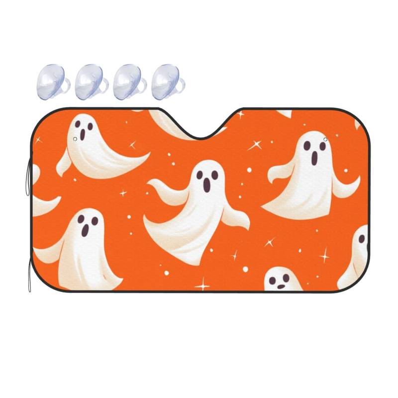 Niedliche Halloween-gruselige Cartoon-Geister, orangefarbene Geister, Auto-Windschutzscheibe, Wärmedämmung, Sonnenschutz, leicht, einfach zu bedienen, Auto-Sonnenblende für SUV, Limousine und von DFJMASFKOL