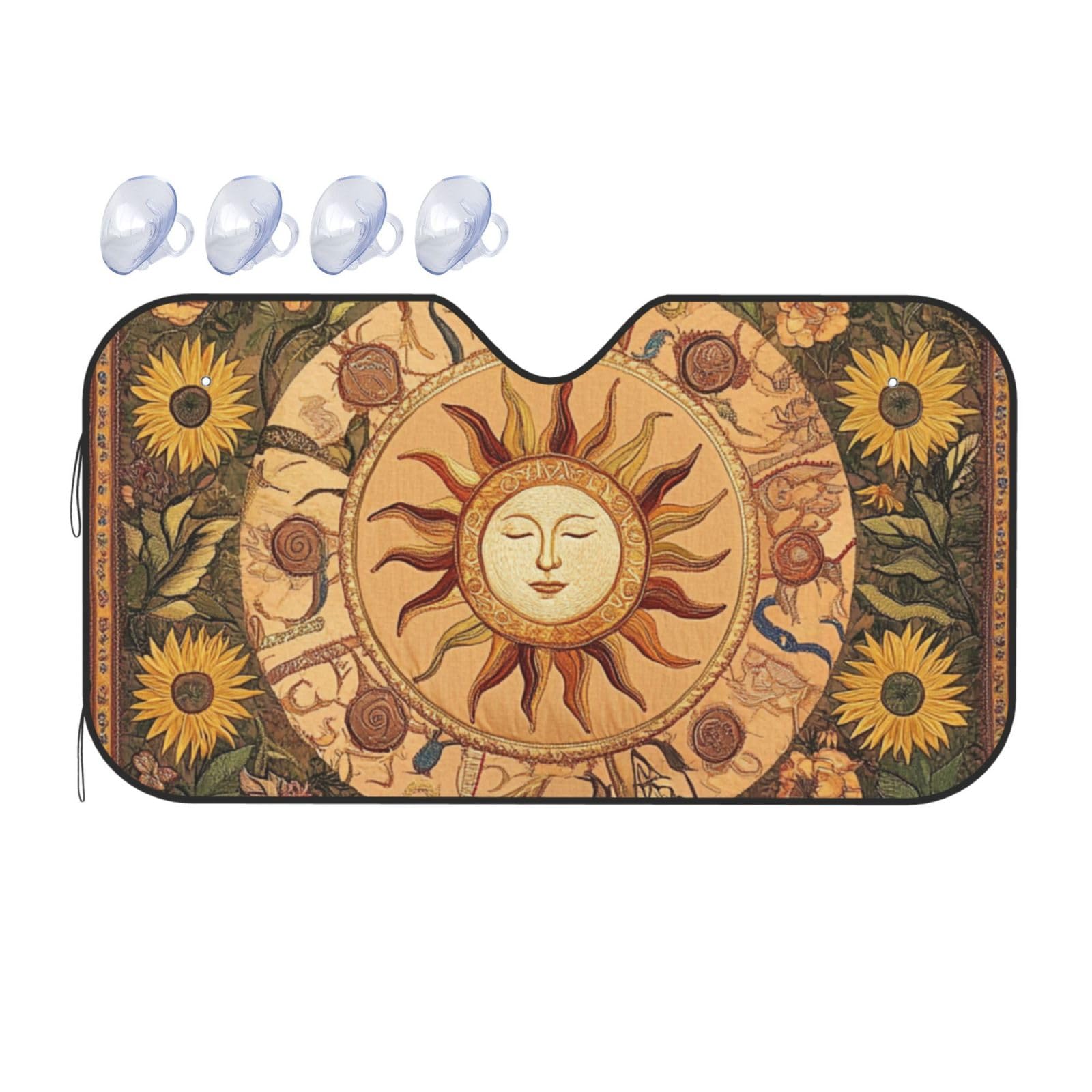 Orange Flower Vintage Indie Boho Gelb Sonne und Mond Auto Windschutzscheibe Wärmeisolierung Sonnenschutz Leicht Einfach zu bedienen Auto-Sonnenblende für SUV Limousine und PKW (M,140 x 76 cm) von DFJMASFKOL