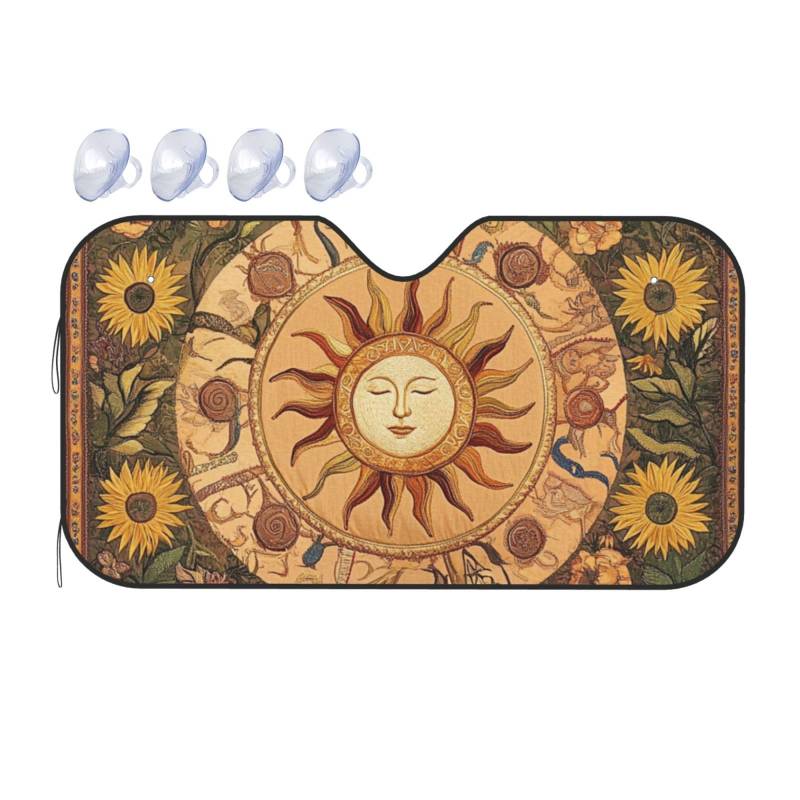 Orange Flower Vintage Indie Boho Gelb Sonne und Mond Auto Windschutzscheibe Wärmeisolierung Sonnenschutz Leicht Einfach zu bedienen Auto-Sonnenblende für SUV Limousine und PKW (M,140 x 76 cm) von DFJMASFKOL