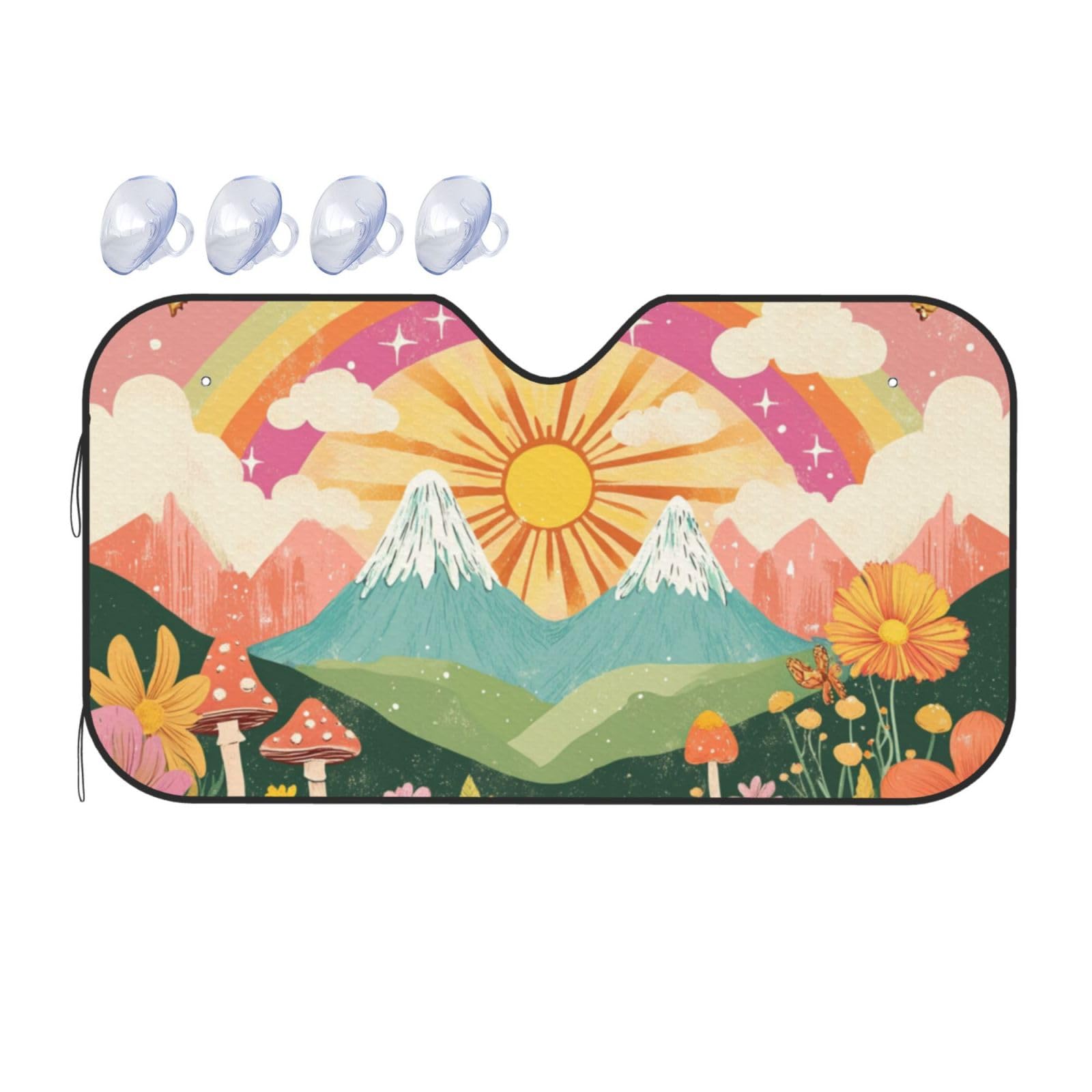 Wolken, Sonne und Regenbogen, Retro-Blumen, Orange, Boho, ästhetischer Auto-Sonnenschutz für Auto, LKW, SUV – blockiert UV-Strahlen Sonne (S,130 x 70 cm) von DFJMASFKOL