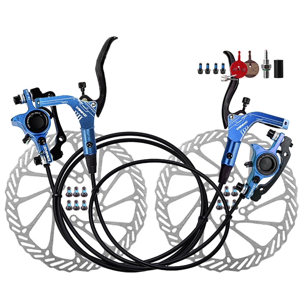 Fahrrad Hydraulische Scheibenbremse Set 2 Kolben Mountainbike Bremssattel Mit 160mm Rotoren 800mm Links Vorne 1400mm Rechts Hinten Bremsensatz (Color : Blue) von DFNBVDRR