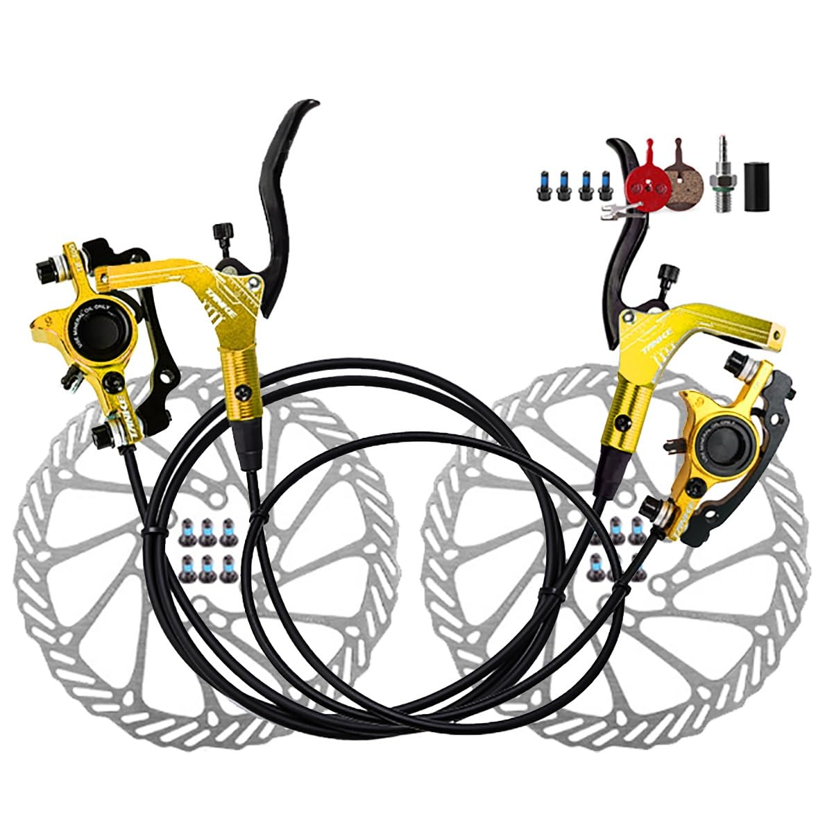 Fahrrad Hydraulische Scheibenbremse Set 2 Kolben Mountainbike Bremssattel Mit 160mm Rotoren 800mm Links Vorne 1400mm Rechts Hinten Bremsensatz (Color : Gold) von DFNBVDRR