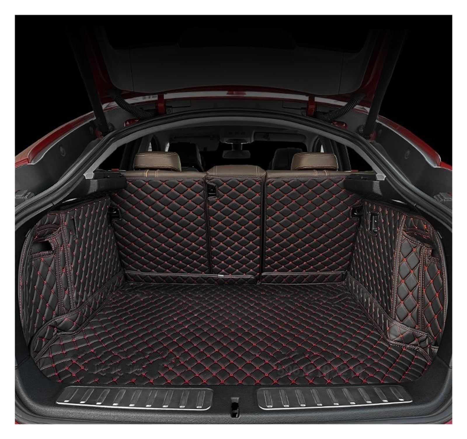 Automatten Auto Fußmatten Kofferraum Matte Fuß Pads Teppich Abdeckung Innen Für VW Für TIGUAN 2017 2018 2019 2020 2021 2022 Fussmatten Auto(Black-Red-Trunk) von DHDYJSA