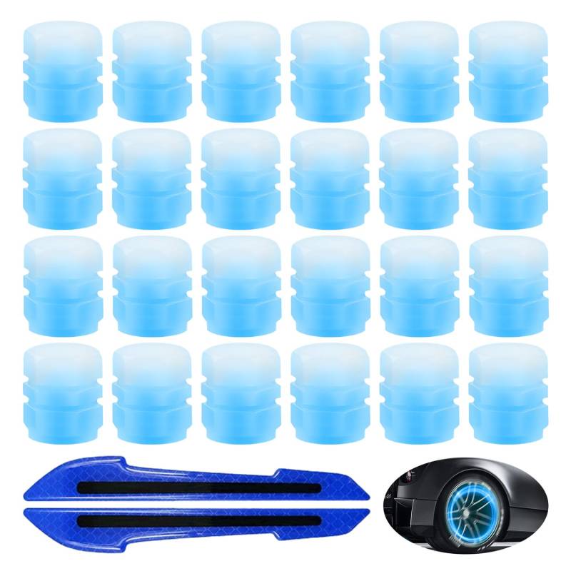 DHSBGWSX 24 Stück Fluoreszierende Ventilabdeckungen, 1 Paar Reflektierende Streifen Für Rückspiegel, Universelle Reifenventilkappen, Blau, Gummi von DHSBGWSX