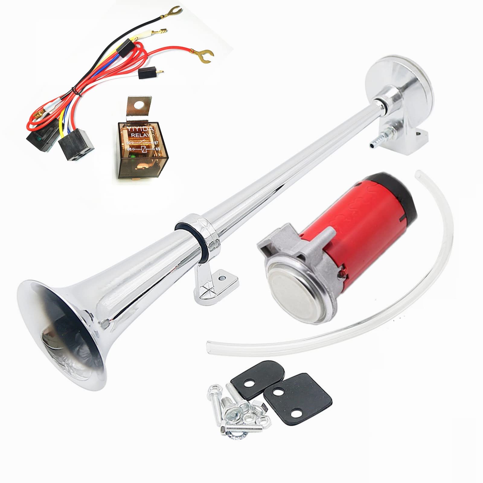 DHUILE Auto Horn 12 V 150dB, Air Horn Auto Lautsprecher 430 mm Chrom Zink Trompetenform Truck Elektrische Horn Kompressor Alle 12 V Fahrzeuge LKWs LKW Züge Boote Cars von DHUILE