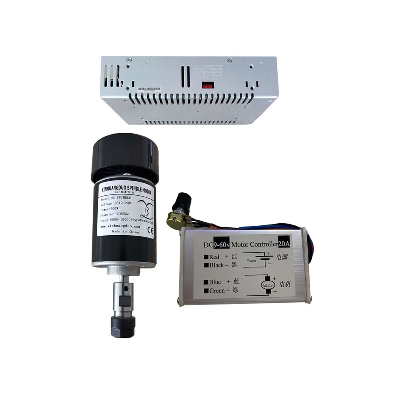 Spindelmotor, 0,2 kW luftgekühlte Spindel ER11 Spannfutter CNC 200 W Spindelmotor + 52 mm Klemmen + Netzteil + Drehzahlregler for DIY CNC 24 V 10000 U/min(Package 4) von DIGNIFE